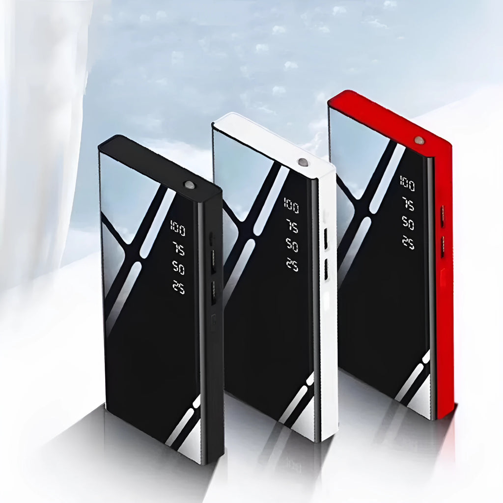20000mAh portable power bank with LCD display showing battery percentage and dual USB ports
