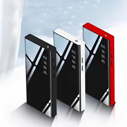 Black 20000mAh power bank with LCD display showing battery level and two USB ports