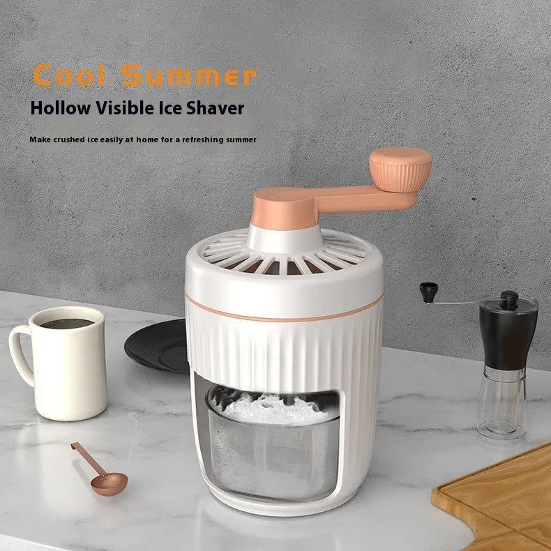 Hand-cranked ice shaving machine in green and orange, with removable ice box and ergonomic handle
