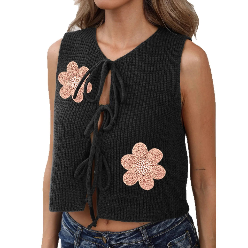 Women's sleeveless lace-up cardigan vest in deer plush polyester with bow front and floral details