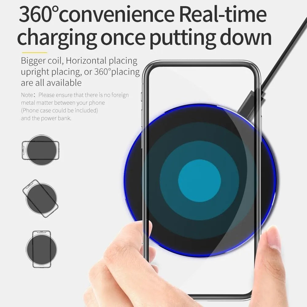 Ultra-thin black wireless charging pad with USB cable on desk