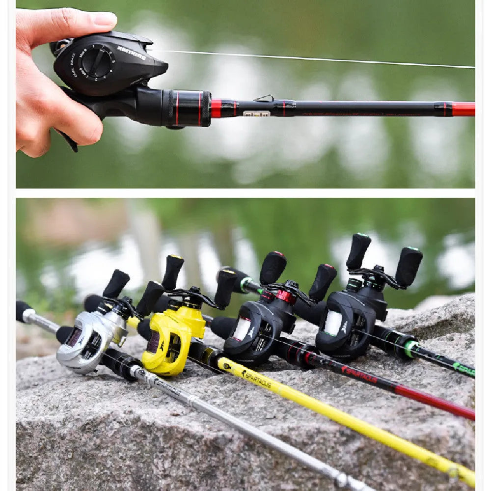Yellow water drop baitcasting reel with left-hand retrieve showing dual brake dials and graphite body