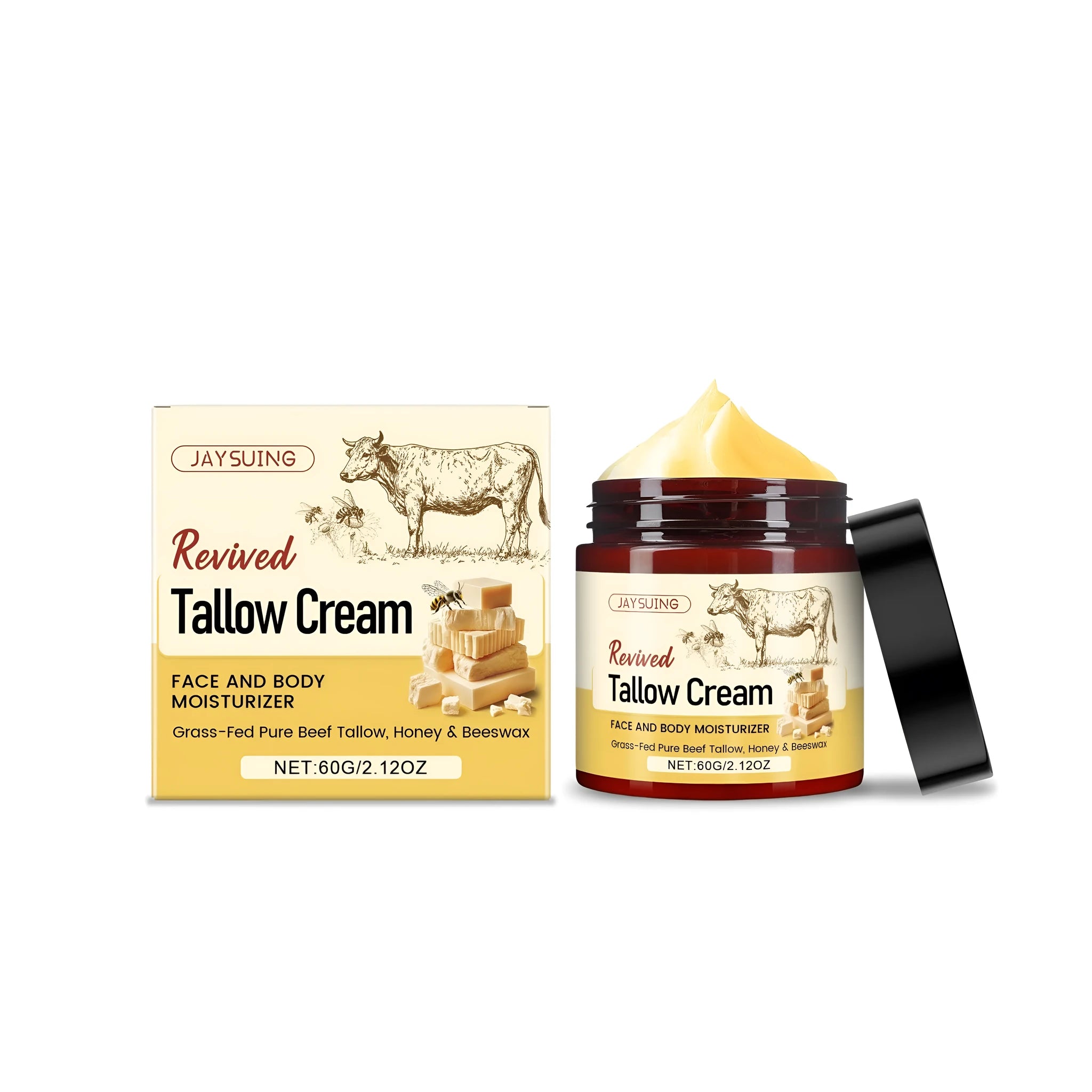 60g jar of Revived Tallow Cream moisturiser with natural tallow, honey and olive oil ingredients