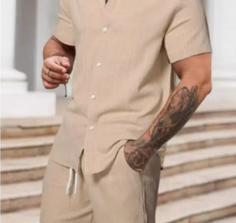 Men's striped casual suit set with short sleeve shirt and matching shorts in colour YT50313P1