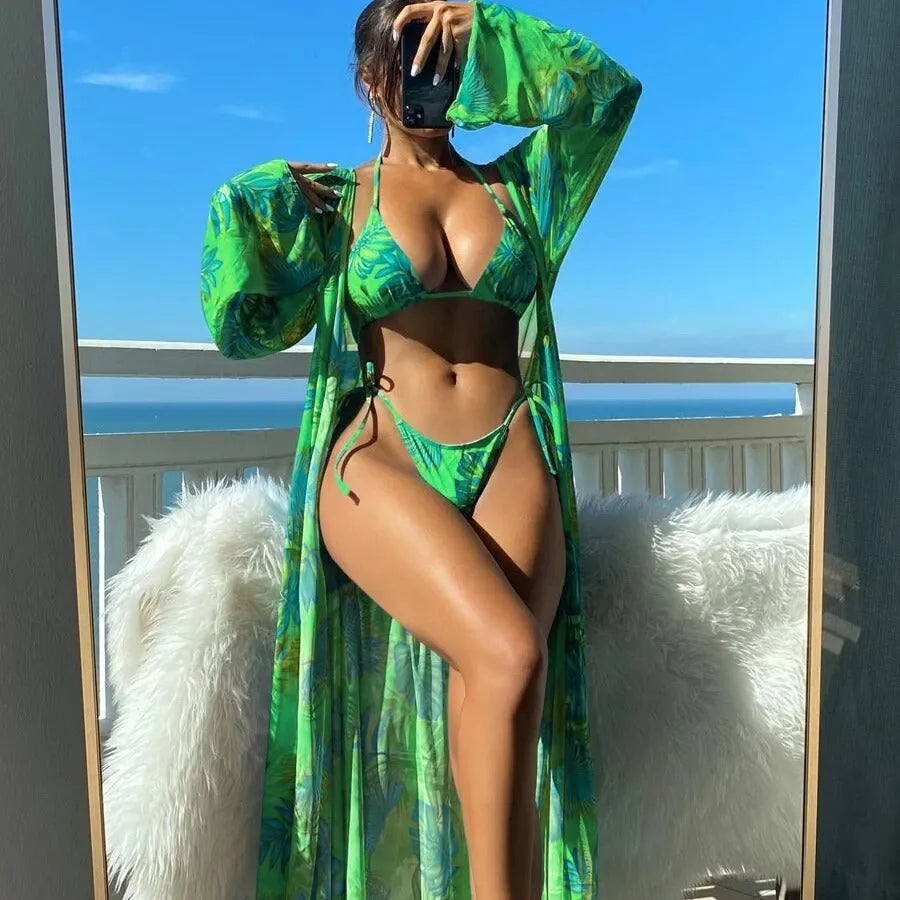 Women's long sleeve swimsuit set with bikini bottoms and cover-up robe in blue colour