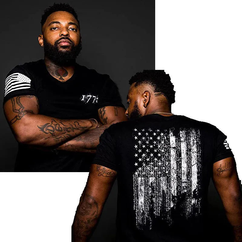 American Acid 1776 US Flag men's short sleeve polyester T-shirt in black, front view
