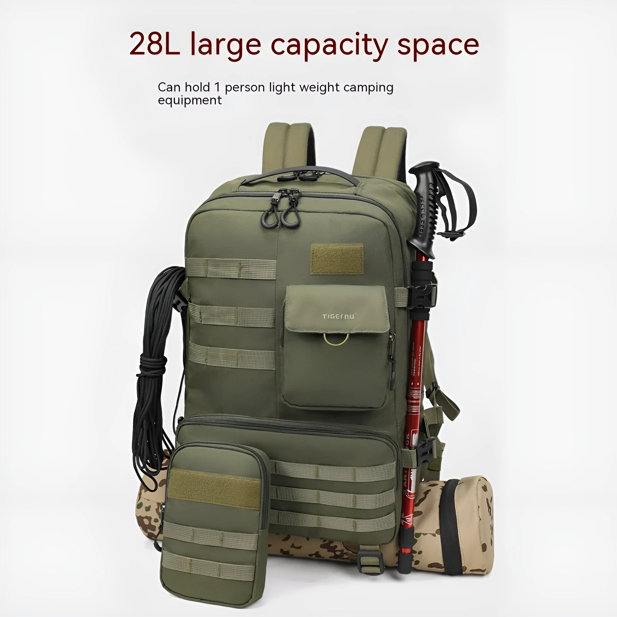 Army green tactical backpack with 17 inch size showing wear-resistant nylon construction