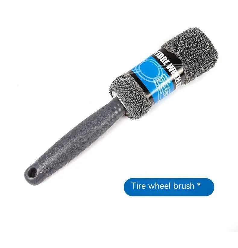 Grey nine-piece car wash cleaning set showing microfiber sponge, gloves, tyre brush, and cleaning towels