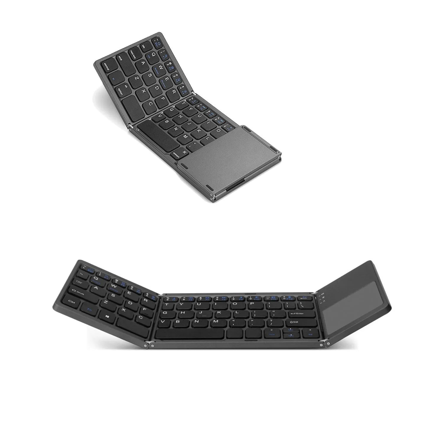 Black tri-fold portable Bluetooth keyboard shown open next to a smartphone, highlighting its slim profile.