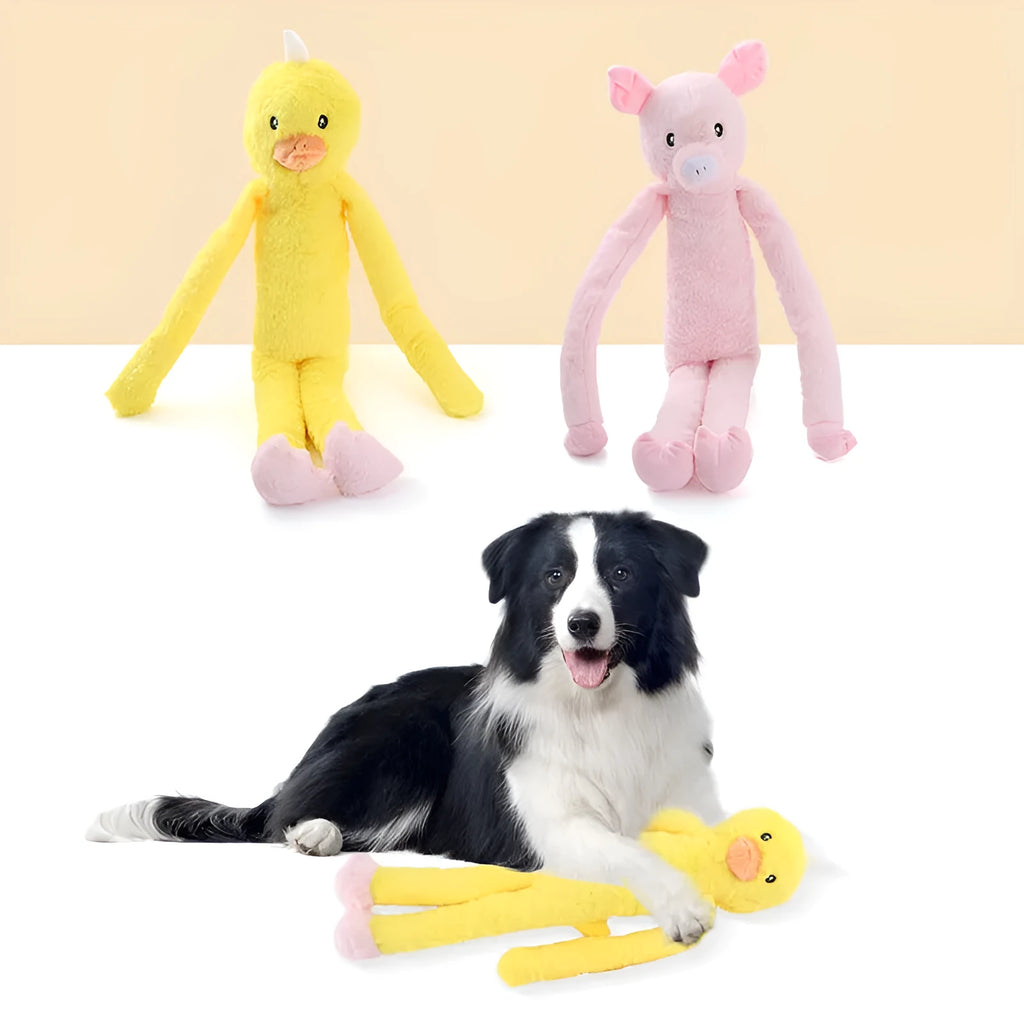Pink and yellow plush dog toy with sound features for large breed dogs like Golden Retrievers.