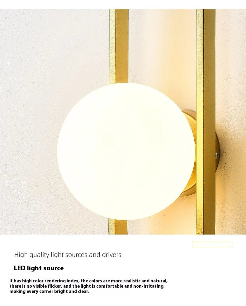Minimalist wall lamp in black or gold with glass shade and iron body for bedroom corridor lighting