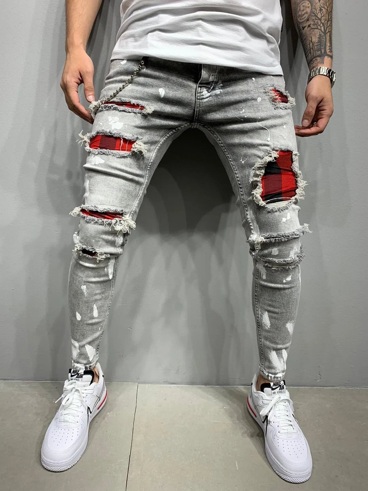 Men's cotton paint jeans straight leg black blue grey sizes S to 3XL