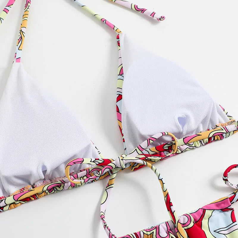 Women's multicolour triangle print bikini with hanging neck detail on separate top