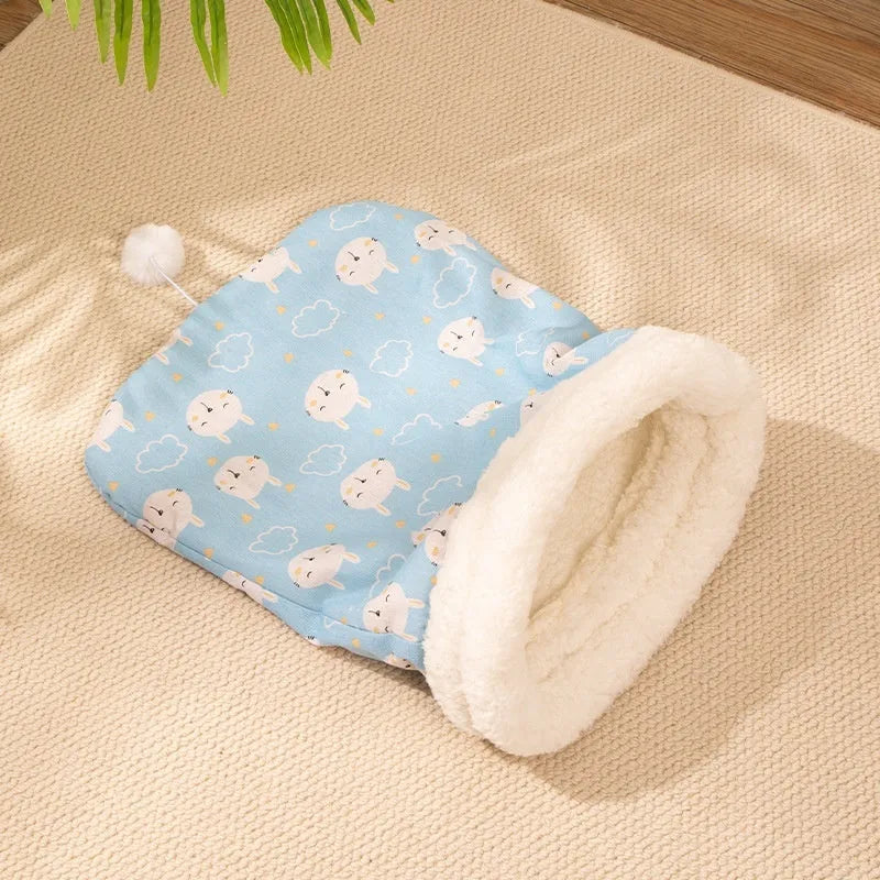 Flannel cat sleeping bag nest in blue rabbit design, measuring 50x40 cm