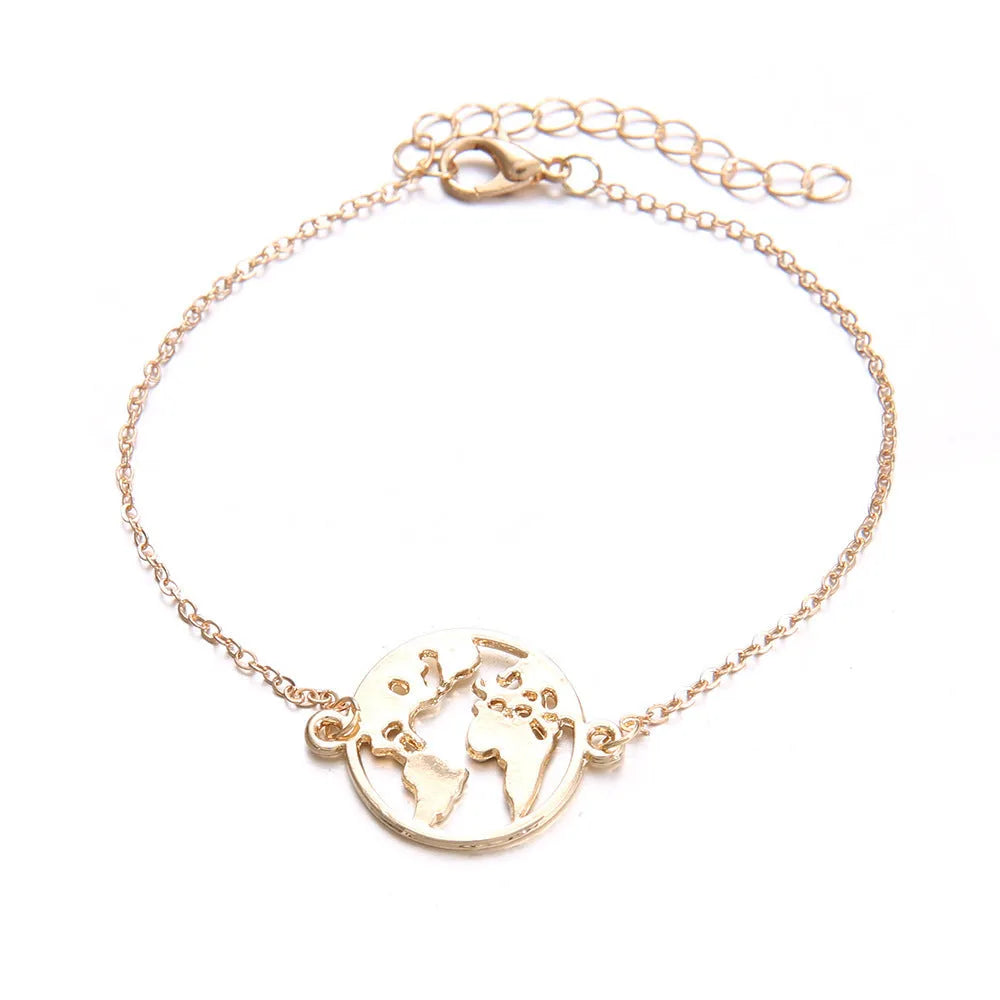 Set of three women's bohemian-style bracelets with alloy heart charms featuring detailed aircraft map designs.