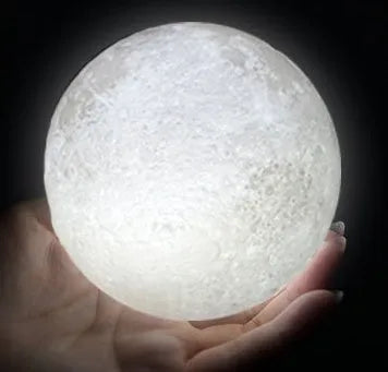 3D printed moon lamp showing detailed craters, with a touch metal ring at base for colour changing and dimming control.