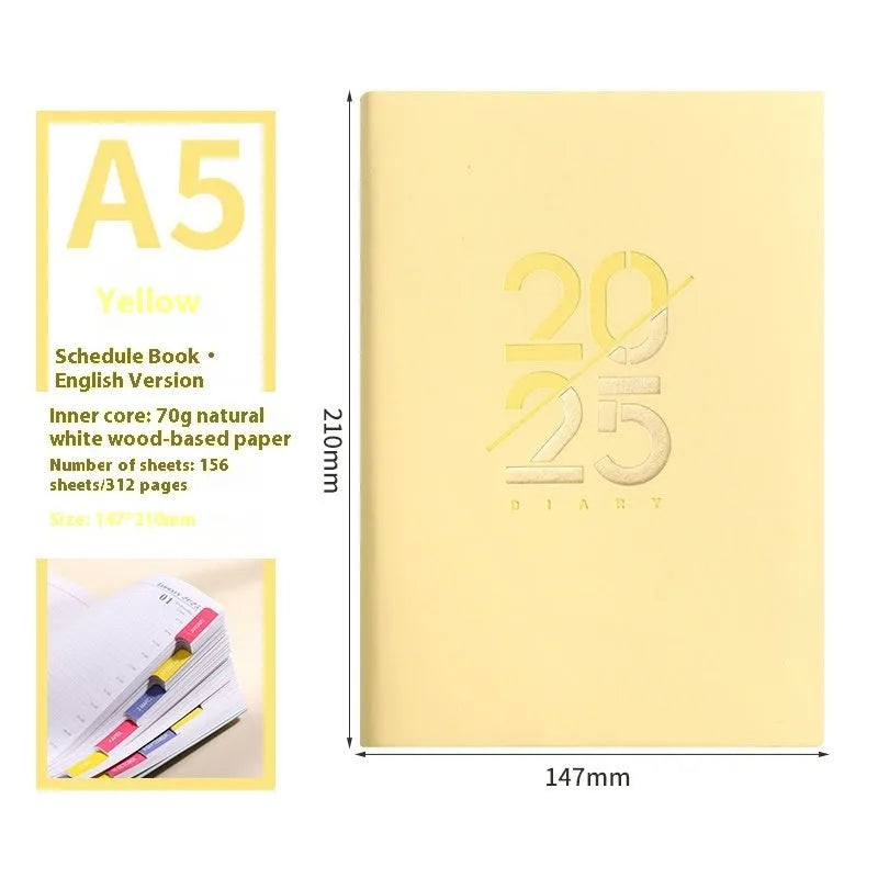 A5 faux leather daily schedule book open showing Dorian paper pages with binding detail
