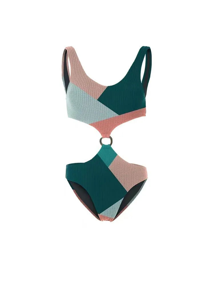 Contrast colour bikini two-piece set with matching mesh gauze skirt on hanger