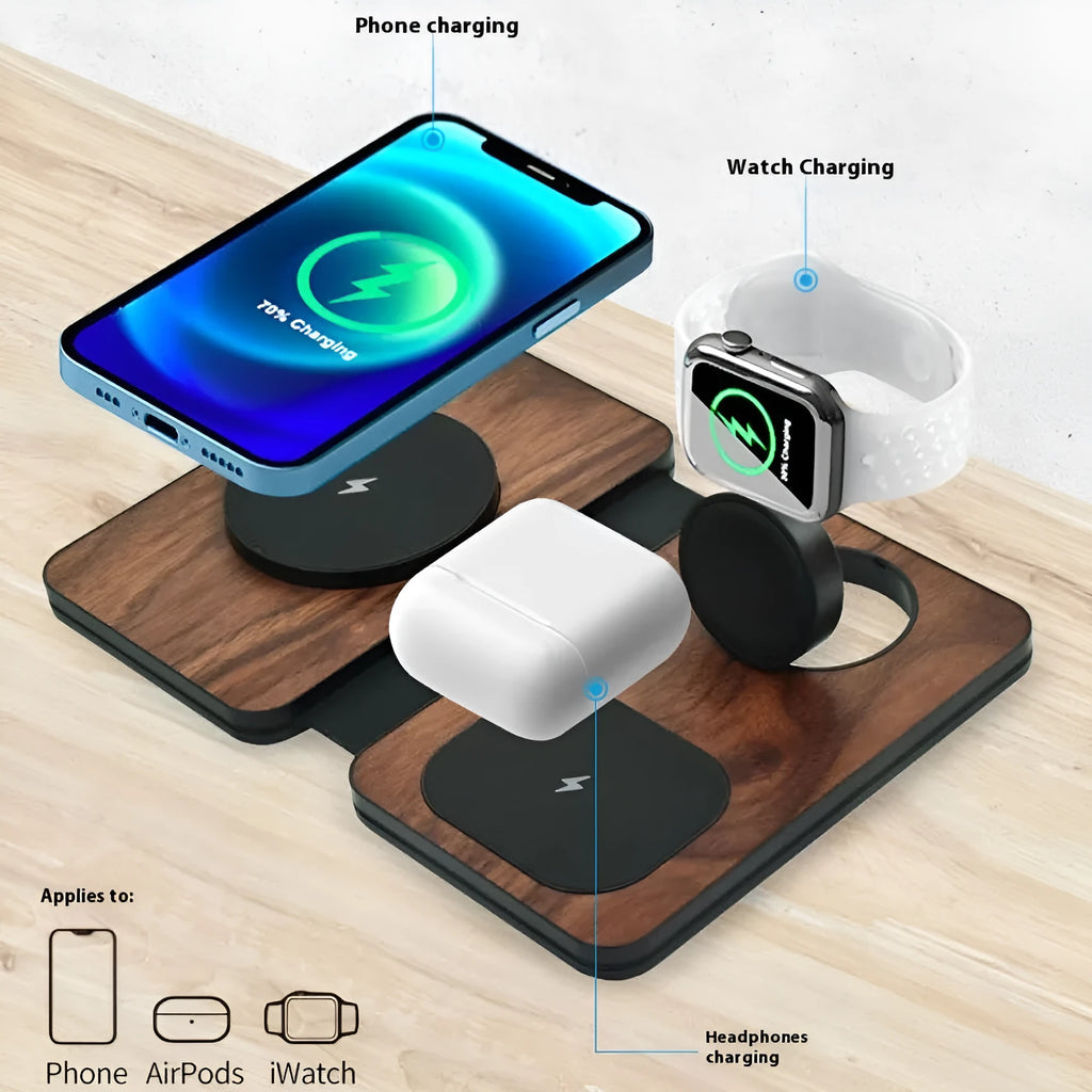 Three-in-one foldable walnut magnetic wireless charger with QC 3.0 fast charging model BY3011 WB
