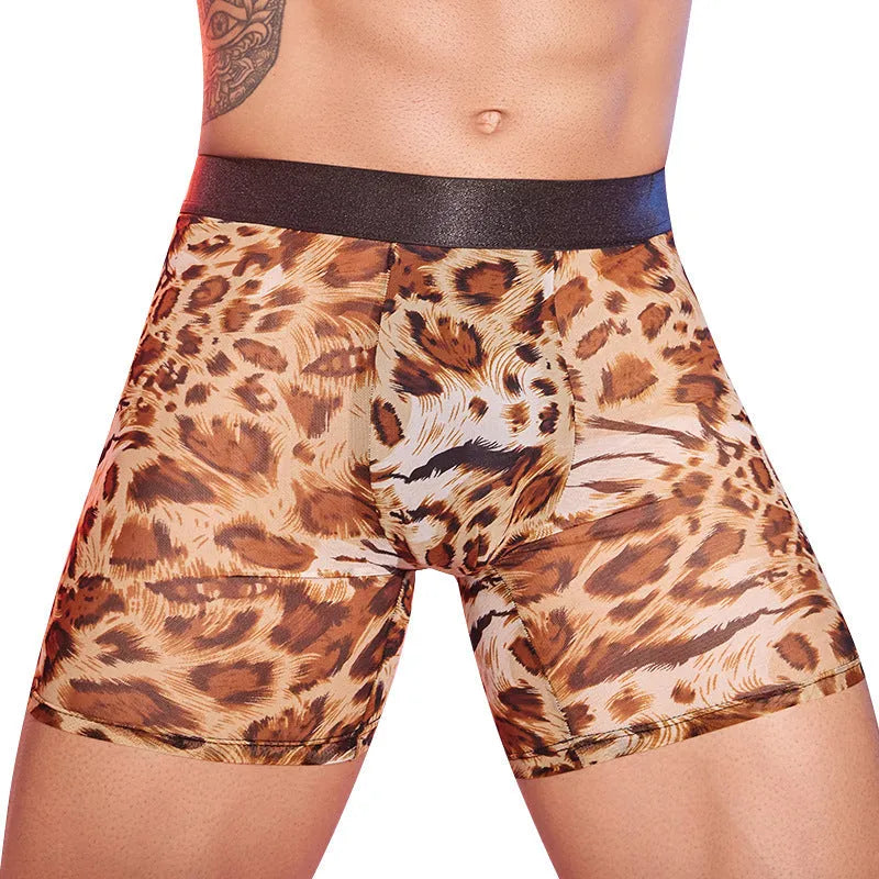 Men's leopard print boxer shorts on a white background