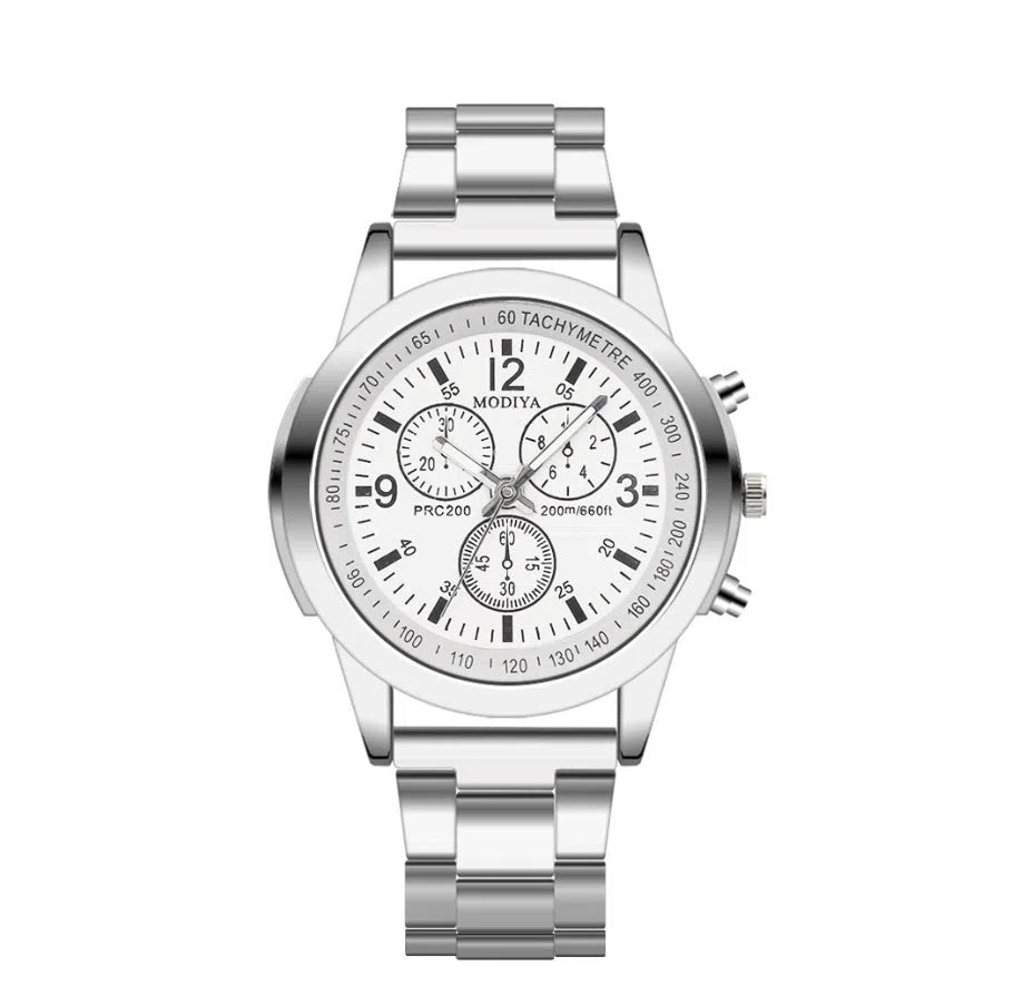 Blu-ray Gift Steel Band Watch with black dial, alloy strap, and folding buckle on a white background
