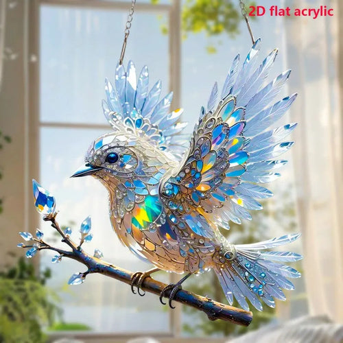 UV printed acrylic bird pendant decoration with cartoon design on reinforced cardboard backing