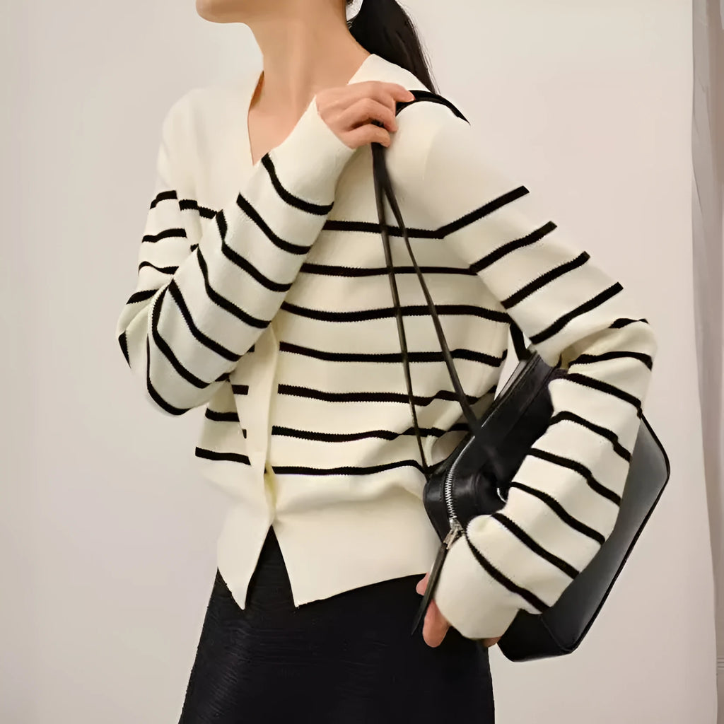Classic preppy striped button-front cardigan for women, loose fit, short length 40cm, polyester, black colour, front view