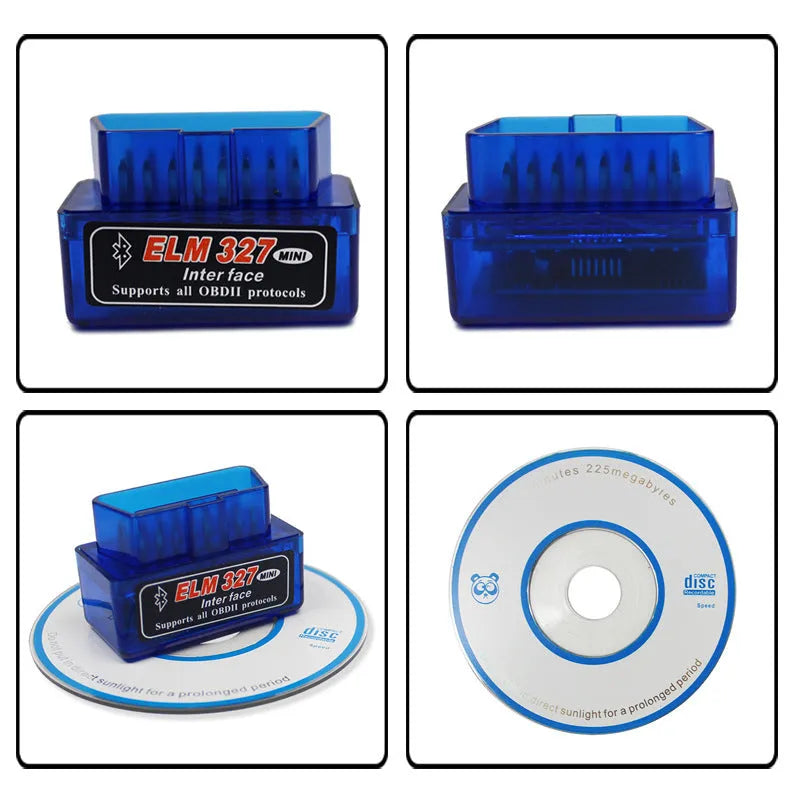 ELM327 Bluetooth OBD2 car diagnostic scanner plugged into a vehicle port