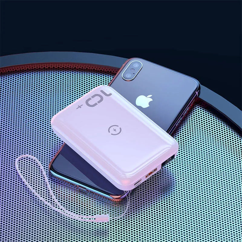 Square black wireless fast charge power bank with LED display showing battery percentage