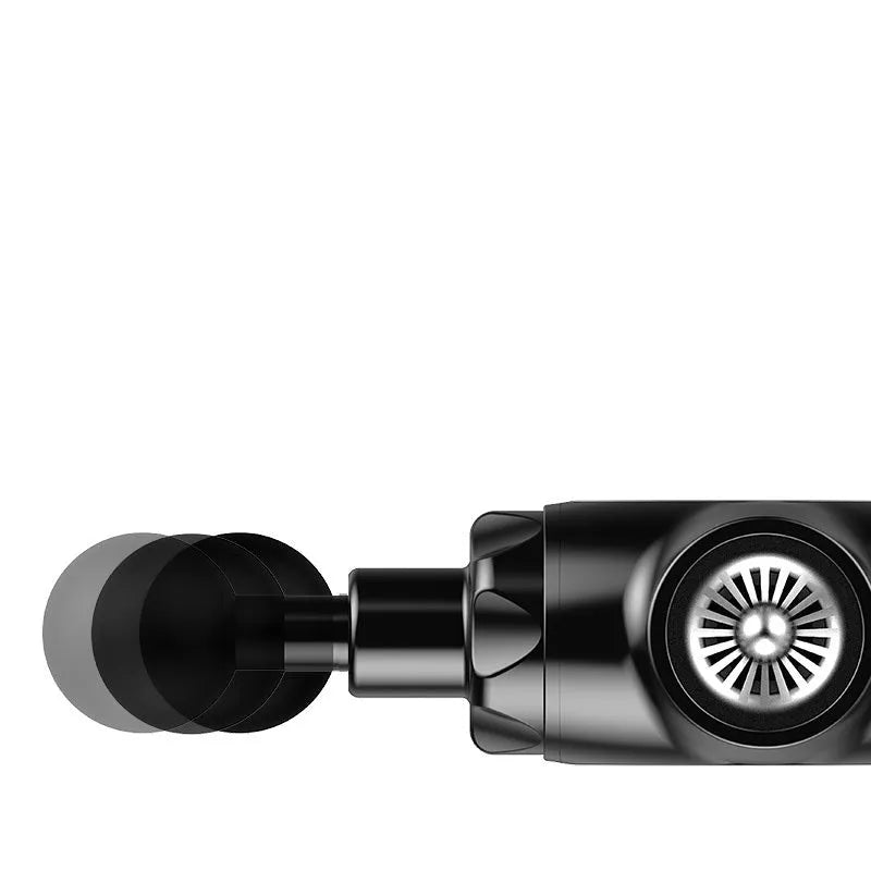Black and white muscle massage gun with adjustable speed settings for deep tissue relief.