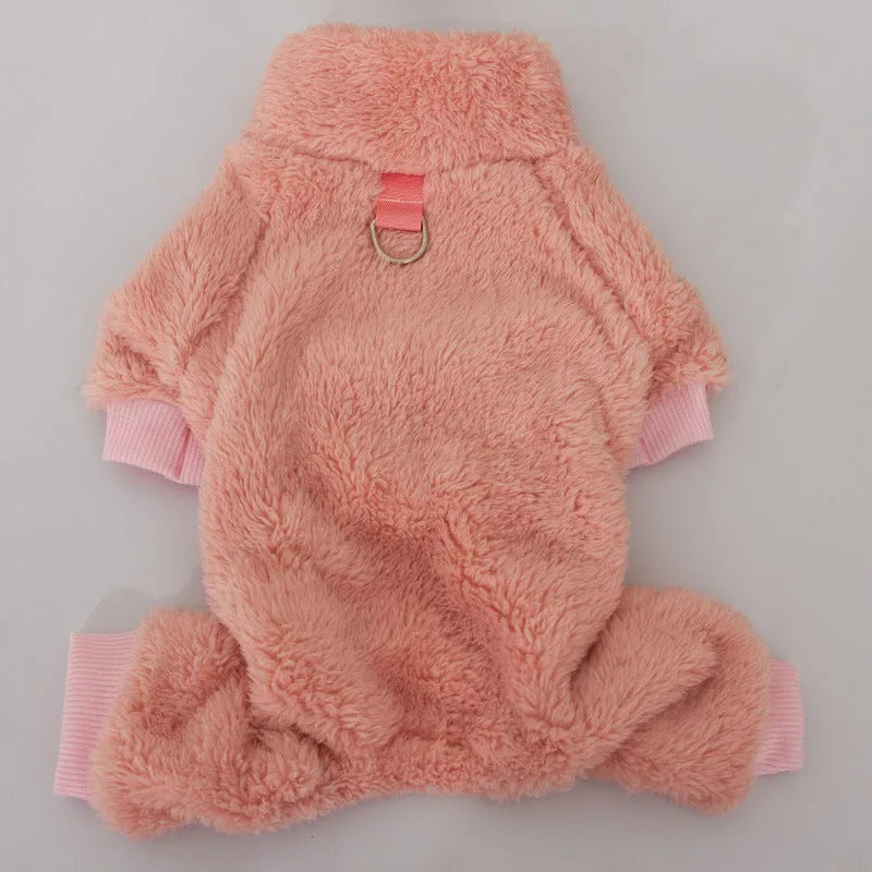 Four-legged dog clothes in blue with high collar and towing ring, showing plush material and full-body coverage