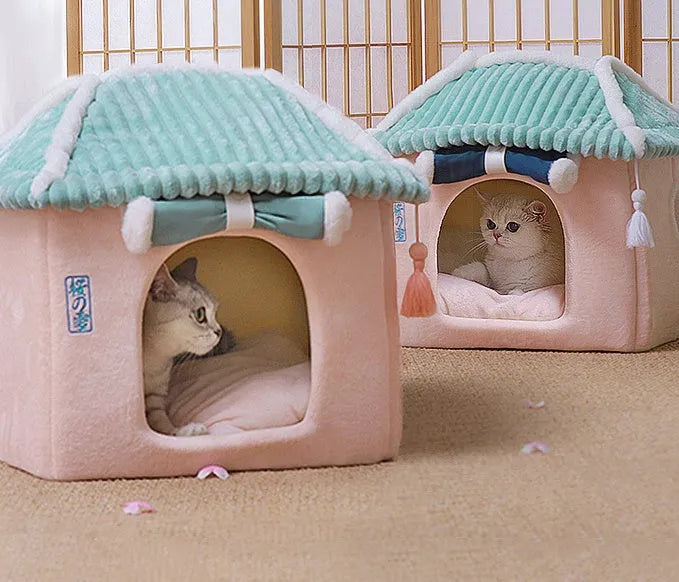 Enclosed cat house villa S size 38x33x41cm with removable washable bed, Tibetan blue curtain option