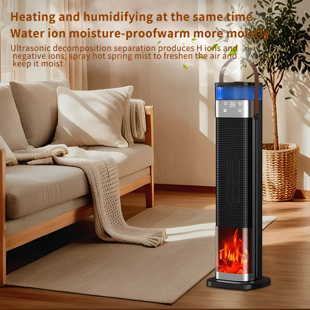 Vertical humidifying heater with remote control, dimensions 16x16x52.6cm