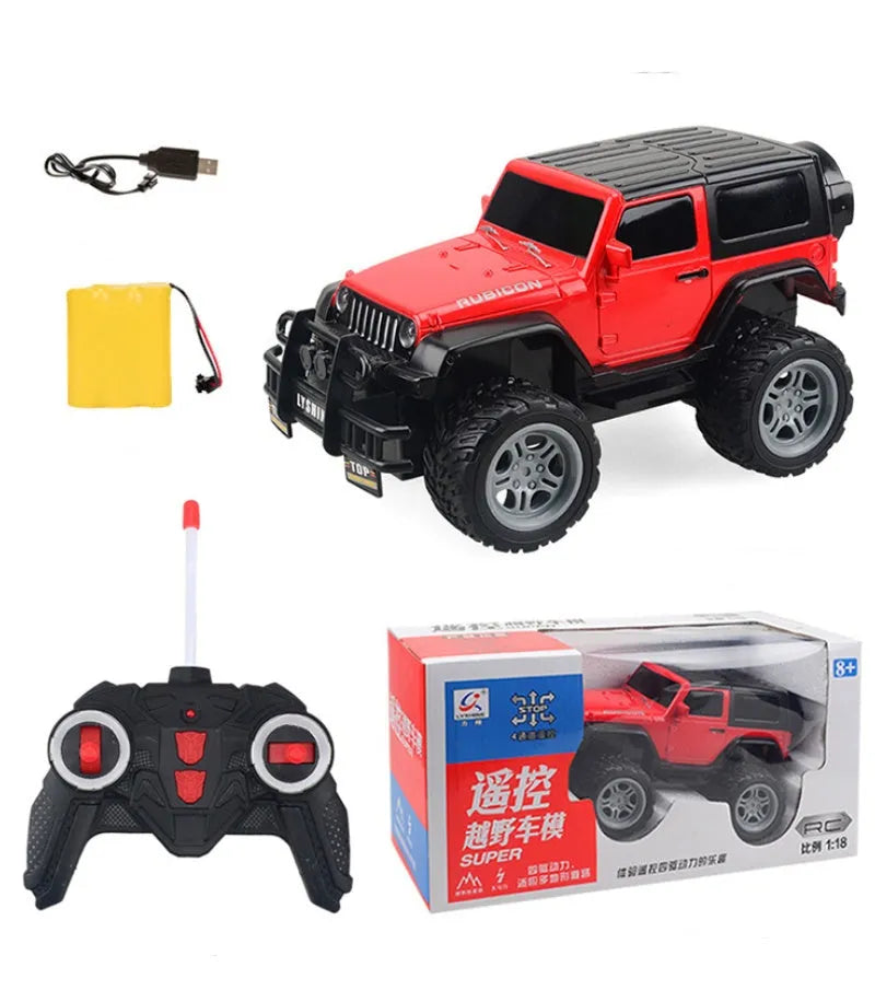 Children's plastic four-way remote control off-road car with flashing lights in green