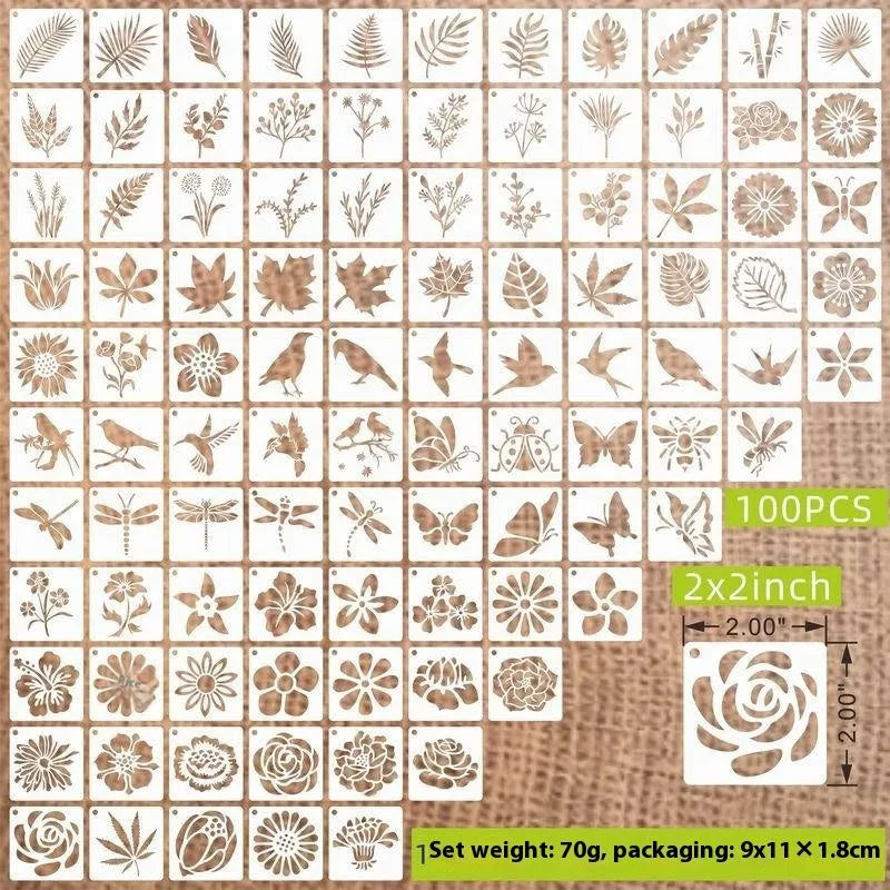 Milky white PET film spray painting stencil templates showing hollow cut-out designs including animals, letters, and floral patterns.