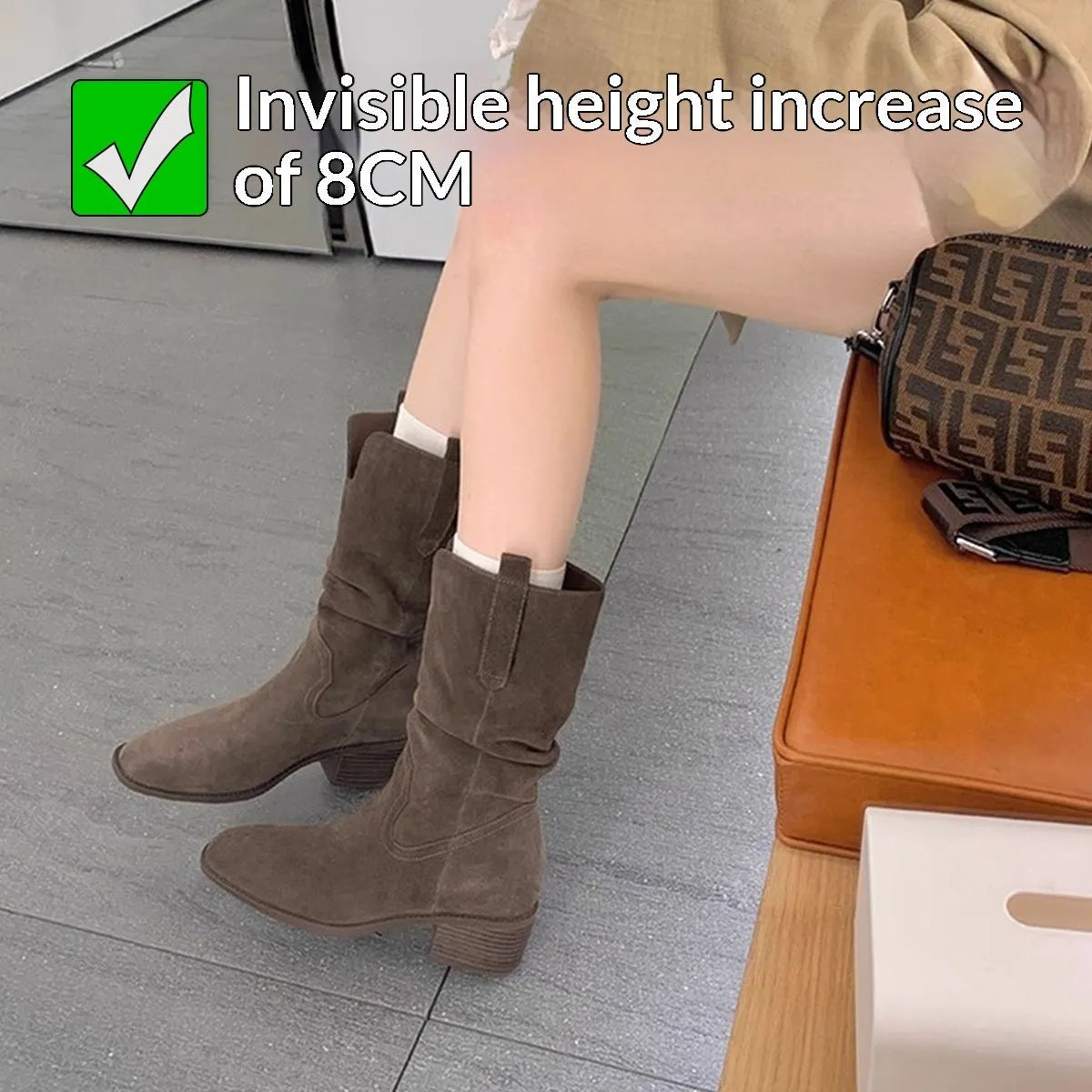 Women's 8cm chunky heel ankle boots in khaki with round toe, slip-on style, and high shaft design