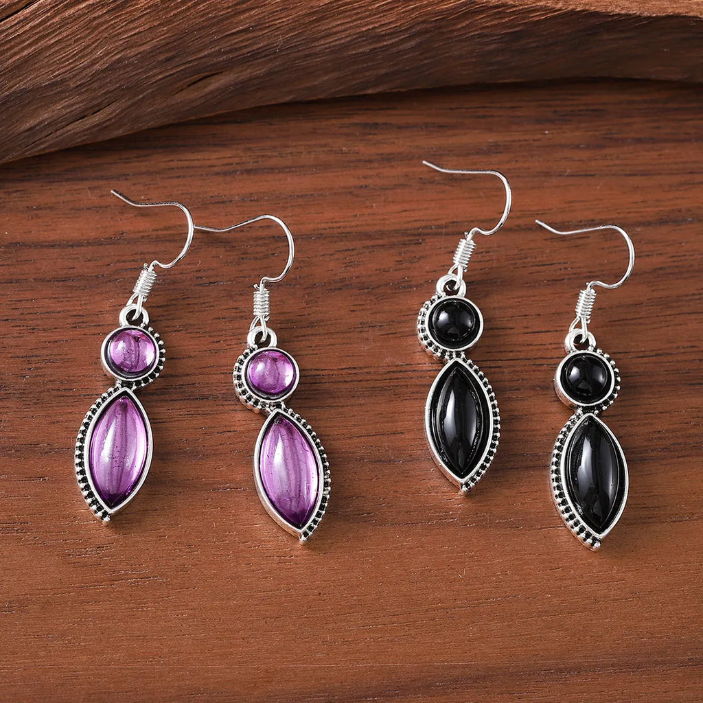 Geometric zinc alloy drop earrings with electroplated black and purple finish, retro bohemian style.
