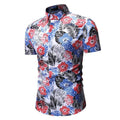 Men's summer beach short-sleeved floral shirt with square collar in blue and white polyester