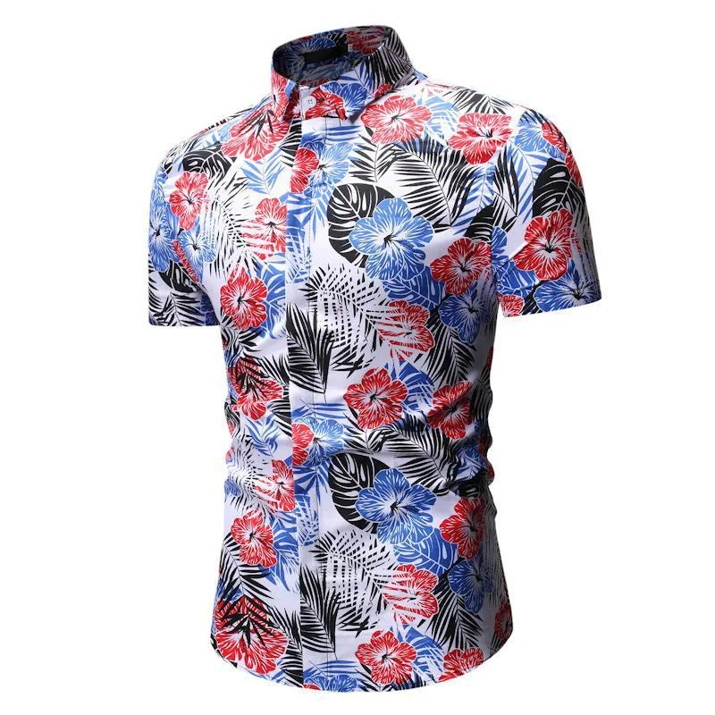Men's summer beach short-sleeved floral shirt with square collar in blue and white polyester