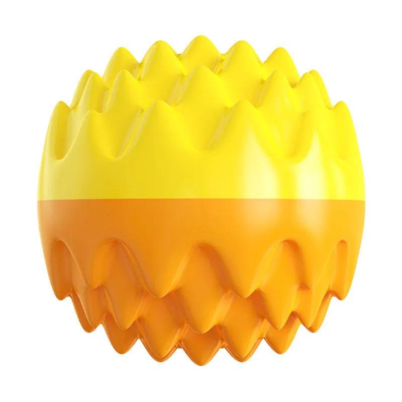 Blue and orange spiky rubber dog ball with squeaker for aggressive chewers and dental cleaning