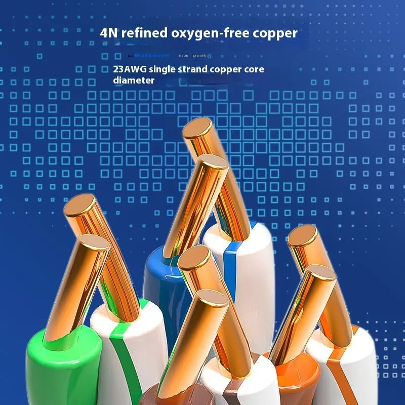 A large reel of blue or grey Cat 6A gigabit ethernet cable with oxygen-free copper conductors, showing 305m length.