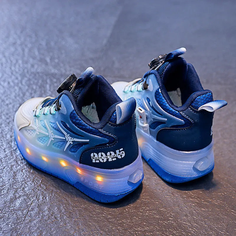 Children's striped roller skates with a large adjustment knob on the heel, shown in blue.