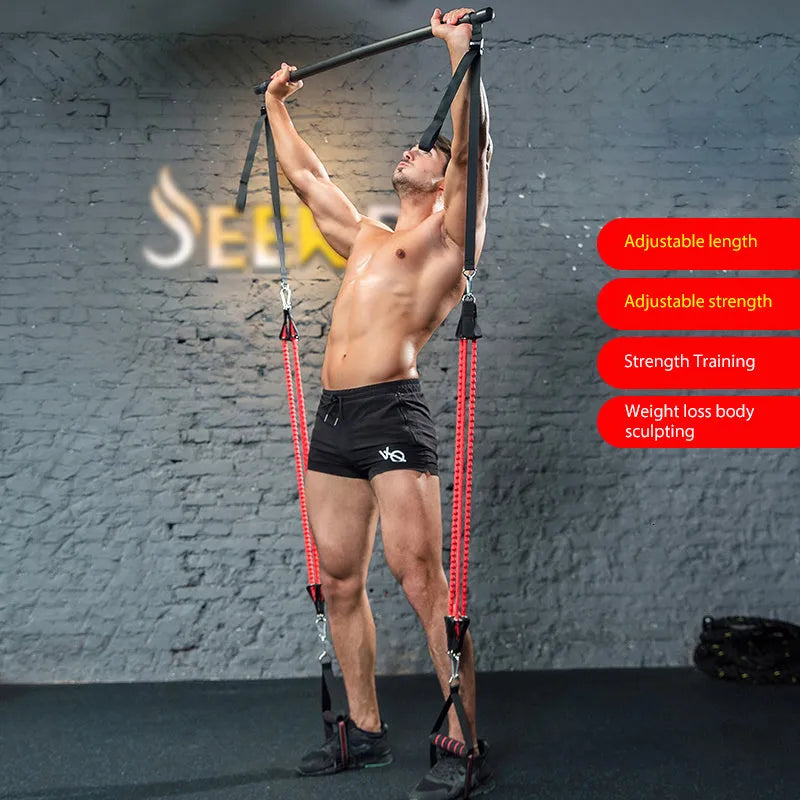 Body workout trainer bar with resistance bands and rubber buckles, 100cm pole length, home strength training equipment