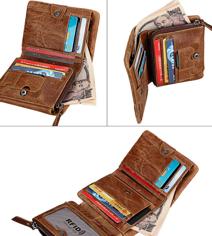 Retro men's leather wallet with multiple card slots in brown, black, or coffee first layer cowhide