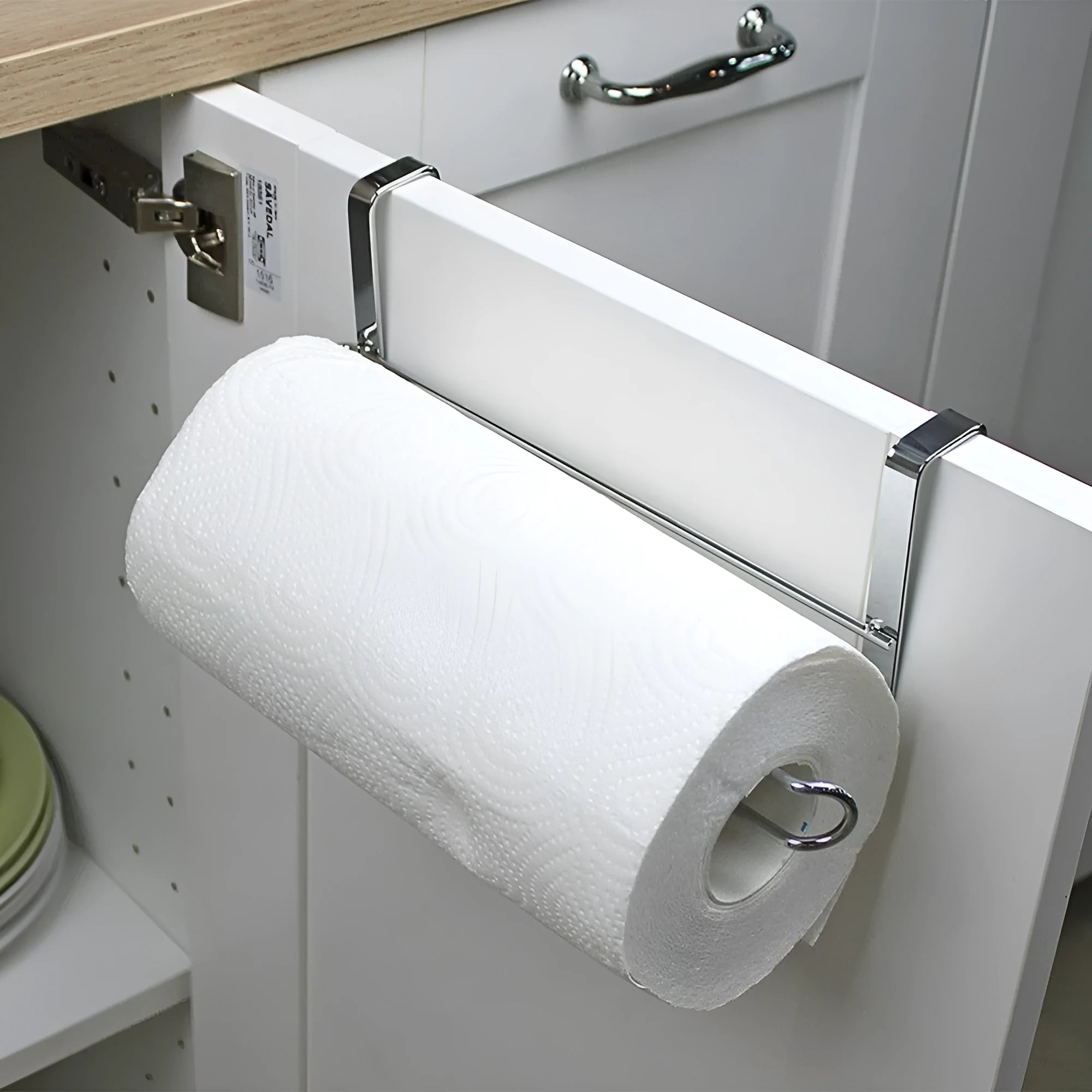 Silver stainless steel cabinet door towel rack measuring 26cm wide for roll paper storage