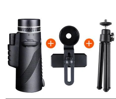 Black 40x60 smartphone monocular telescope with mounting adapter on a phone for HD observation.