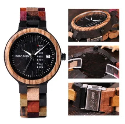 Men's casual wooden quartz watch with 45mm round dial, week calendar, wood strap, and stainless steel buckle