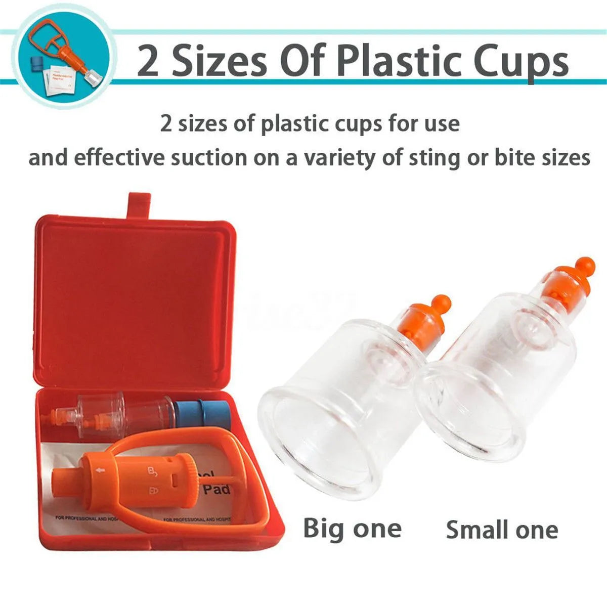 Orange portable first aid kit open to show vacuum suction pump, two suction cups, and medical accessories.