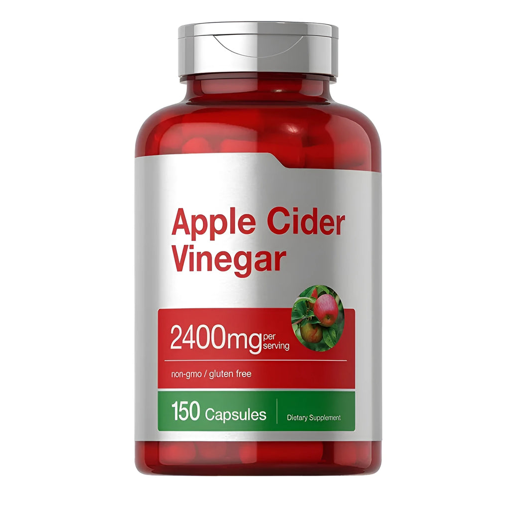 Bottle of apple vinegar capsules dietary supplement containing 150 capsules
