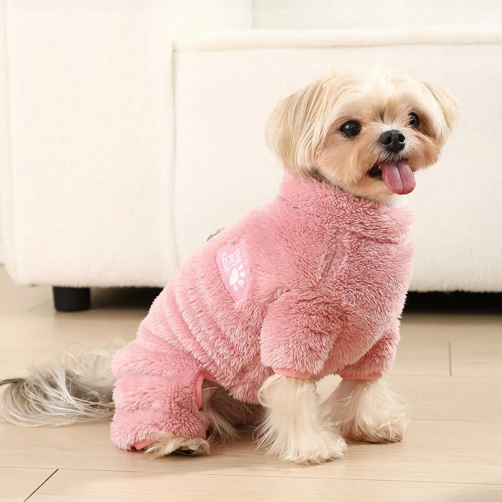 Double-sided plush polyester pet jumpsuit in apricot, a unisex garment for dogs and cats sized from XS to XL